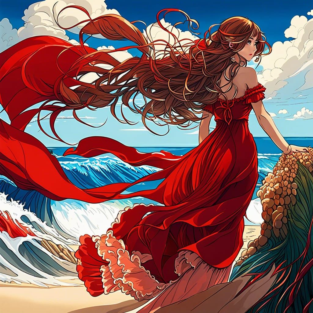 Anime Woman in Red Dress on Beach