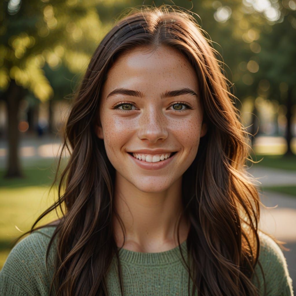 A Young Woman with Freckles Smiles Softly in Warm Light