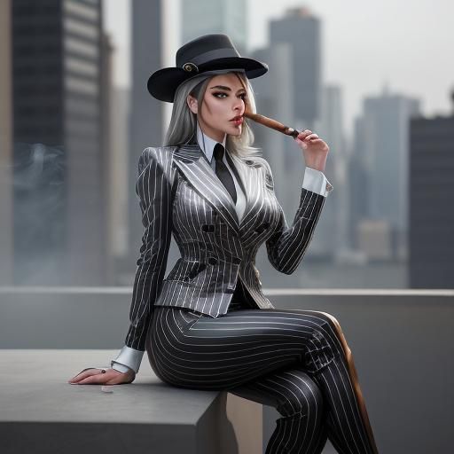 Businesswoman Smoking Cigar in Silver Pinstripe Suit