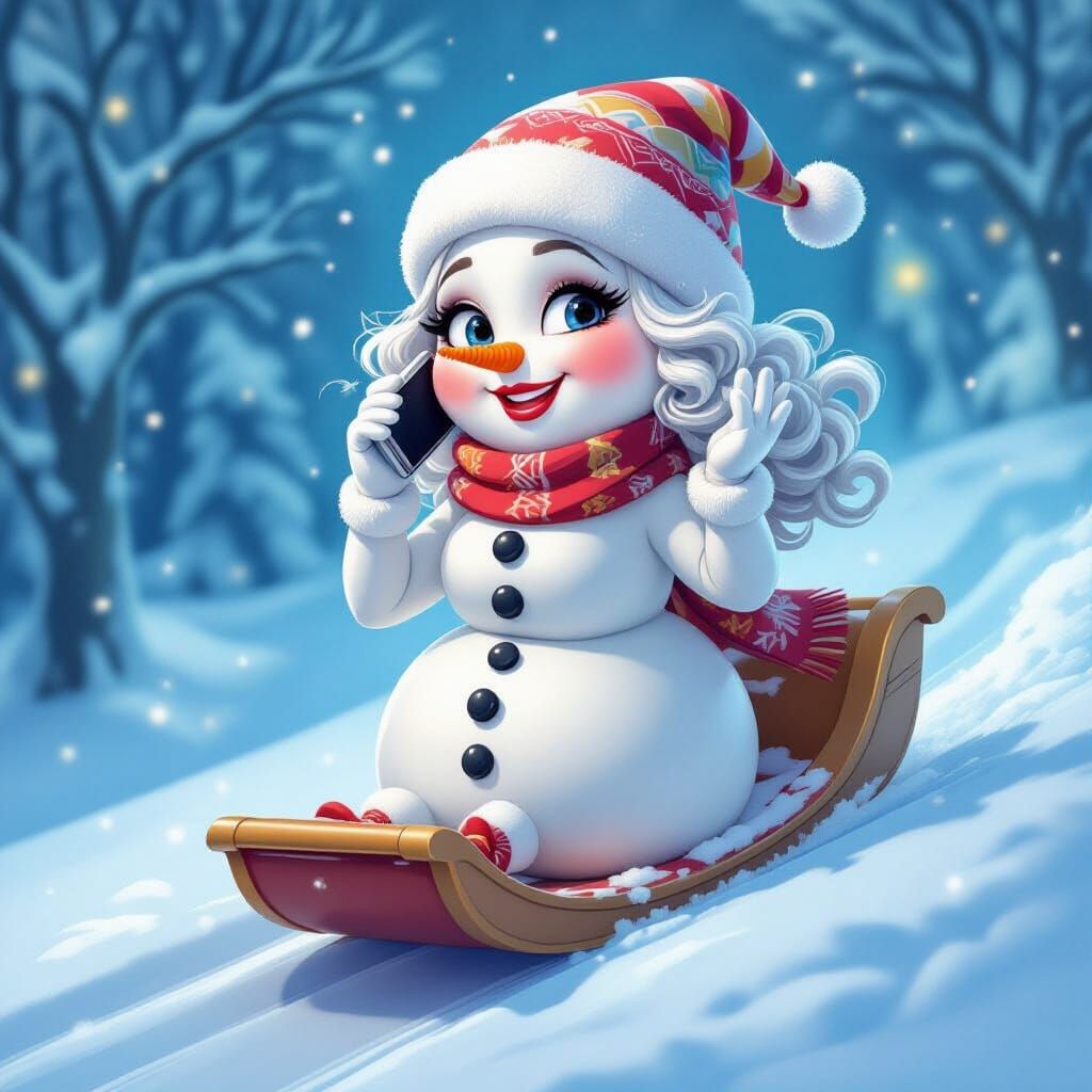 Curvy Snowman Woman Slides Down Hill in Winter Fantasy