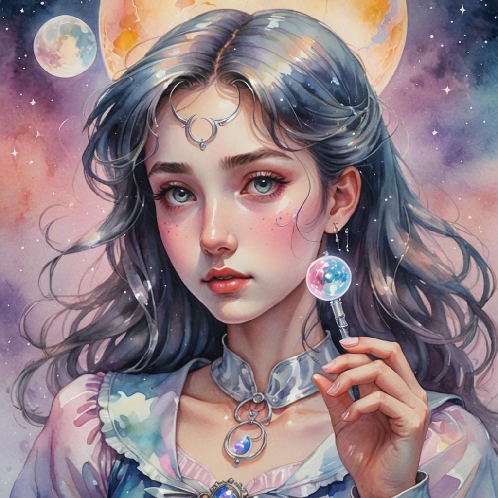 Sailor Moon-Inspired Surrealism: Girl with Glowing Vial