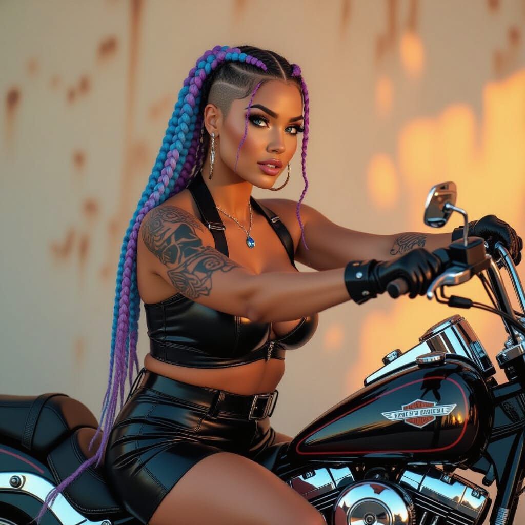 Woman on Harley Davidson in Hyperrealistic Style