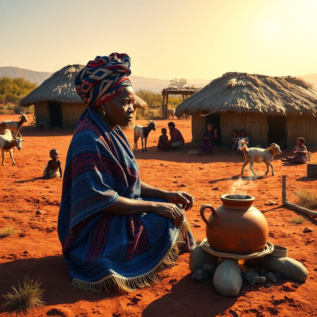 Woman in Traditional Xhosa Garb in Sun-Drenched African Vill...