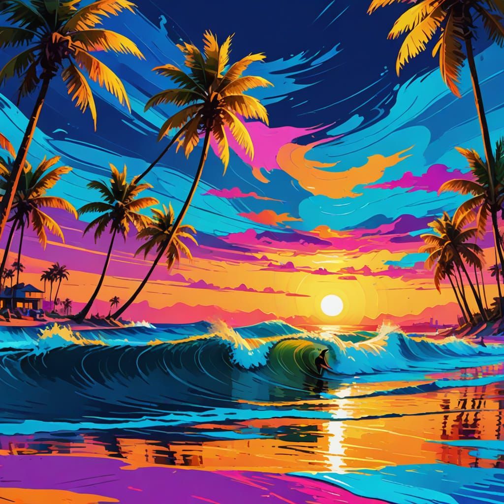 Surfing Competition on a Beach in Neon Style