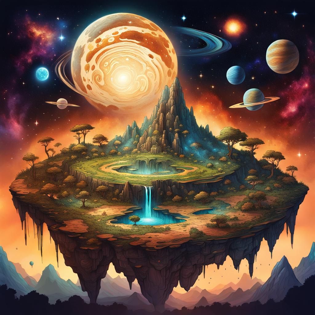 Floating Island in Space: Pen and Ink Drawing