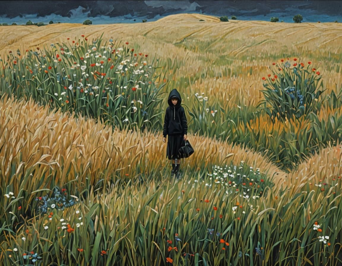 Girl in Wheat Field, Lowbrow Oil Painting