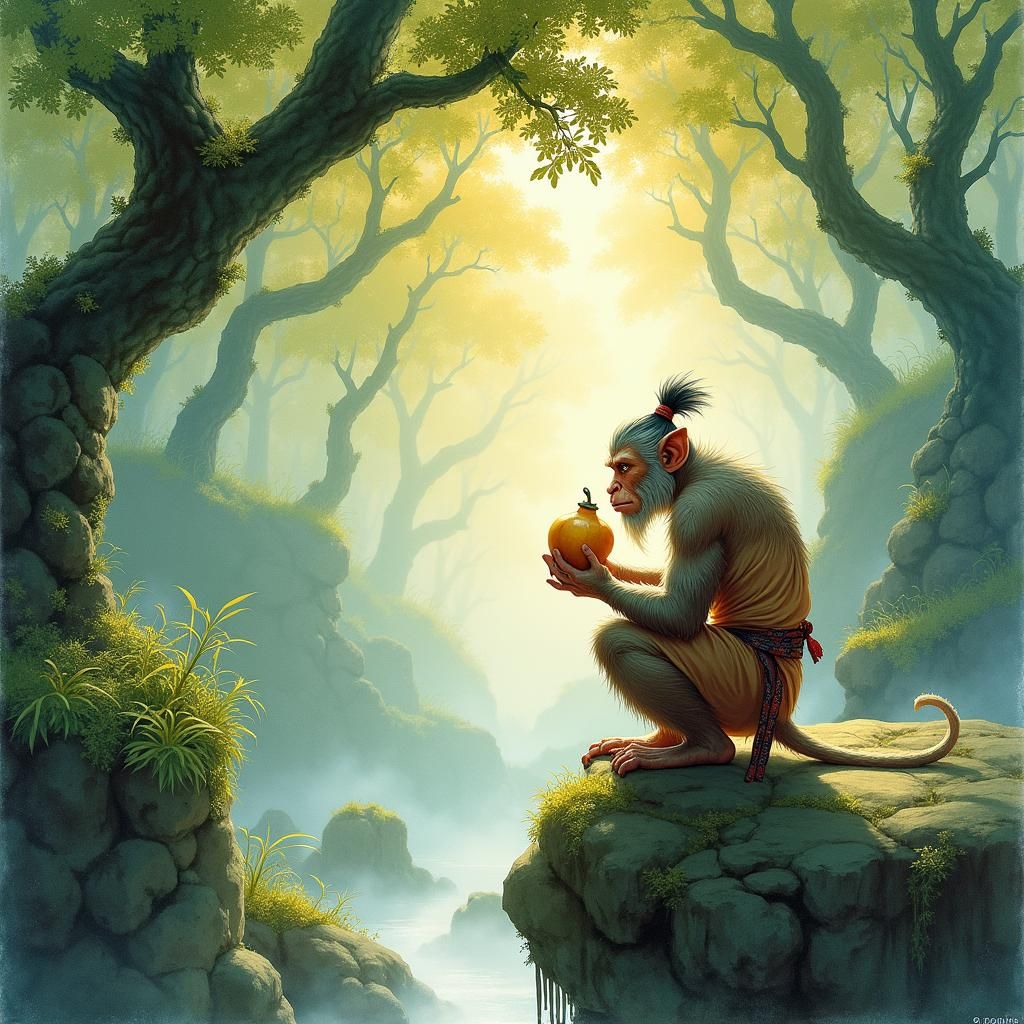 Sun Wukong in Ancient Forest, Watercolor Painting