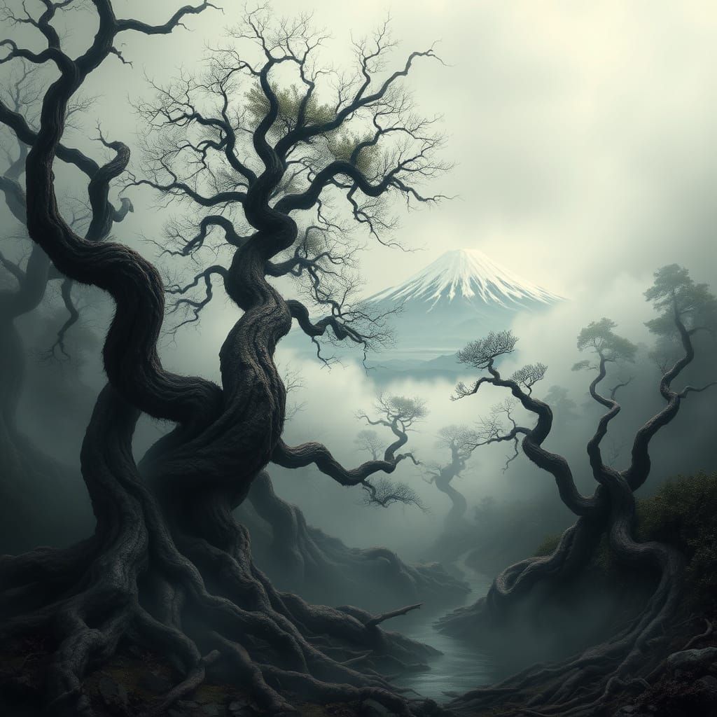 Distorted Mount Fuji in a Haunting, Twisted Landscape