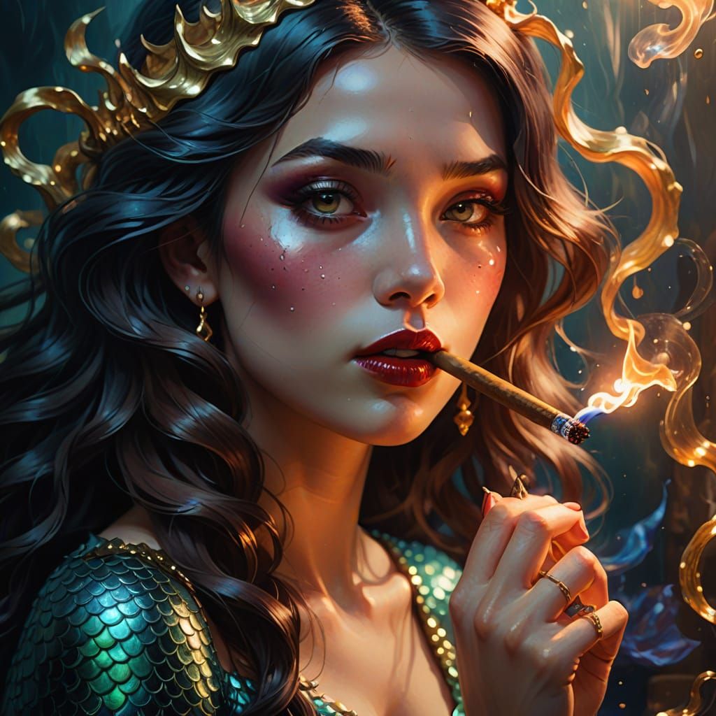 Surreal Mermaid Lights Cigar: Oil Painting Style