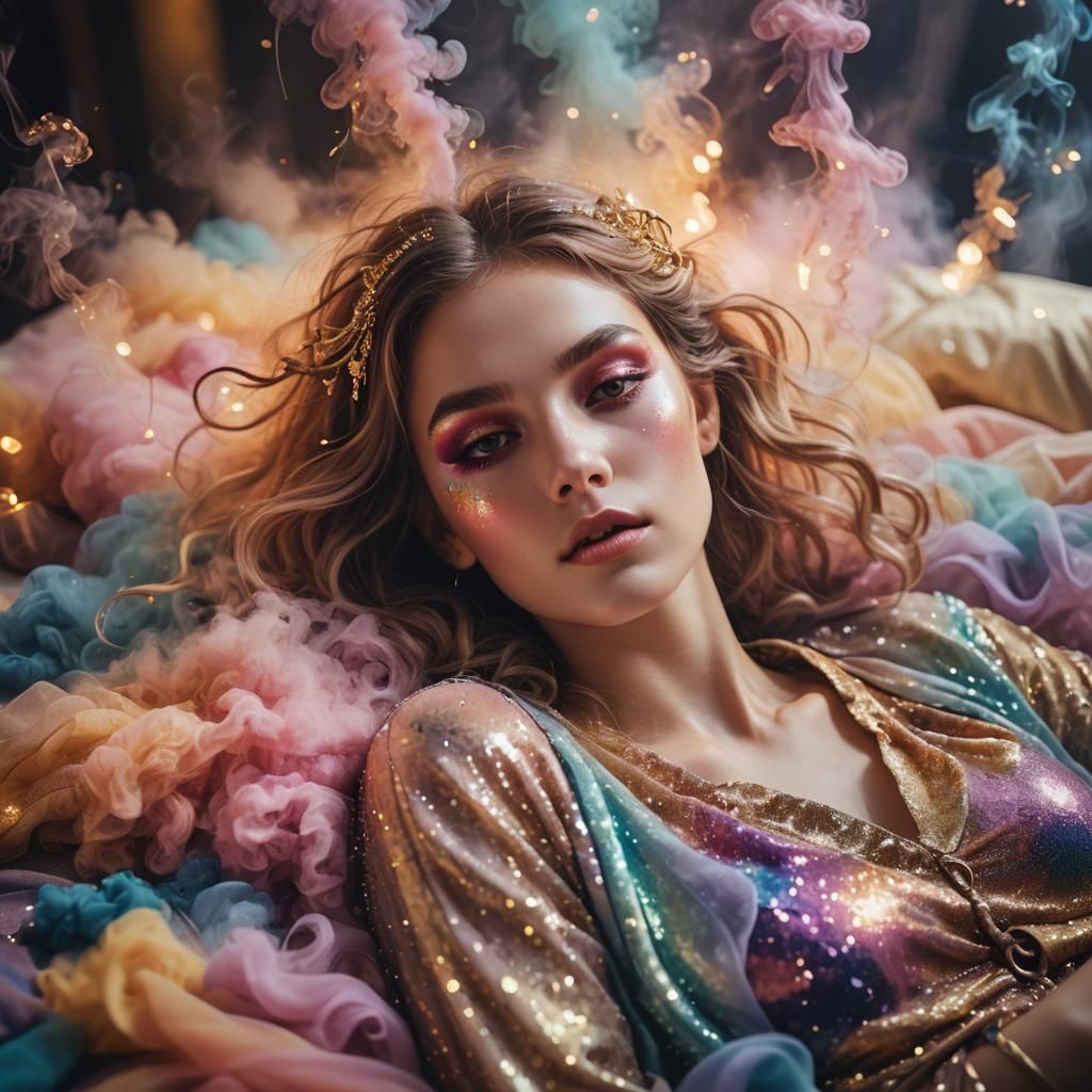 Glittery Woman in Dreamy, Colorful Smoke: Concept Art