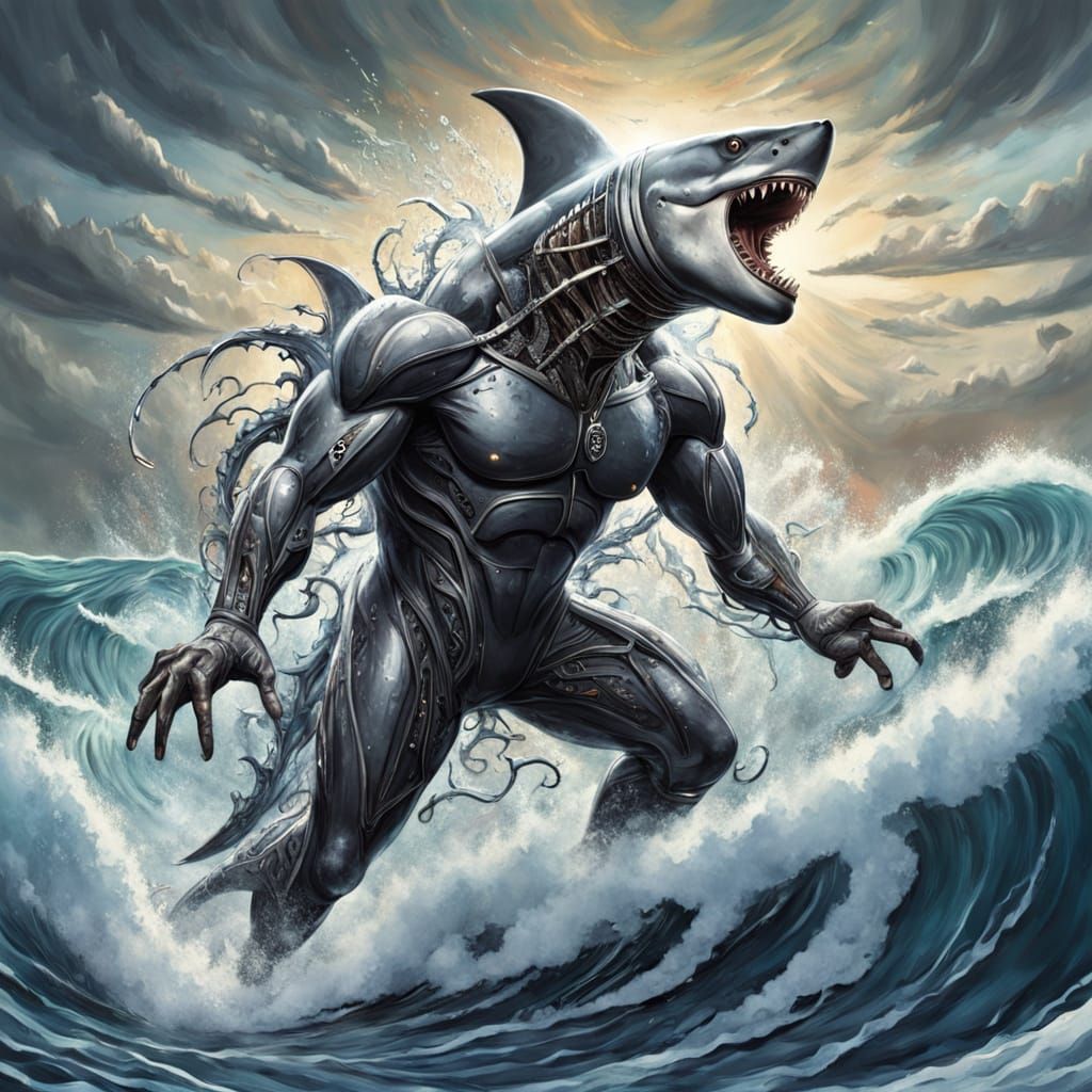 Futuristic Shark Breaks Through Turbulent Ocean in Biomechan...