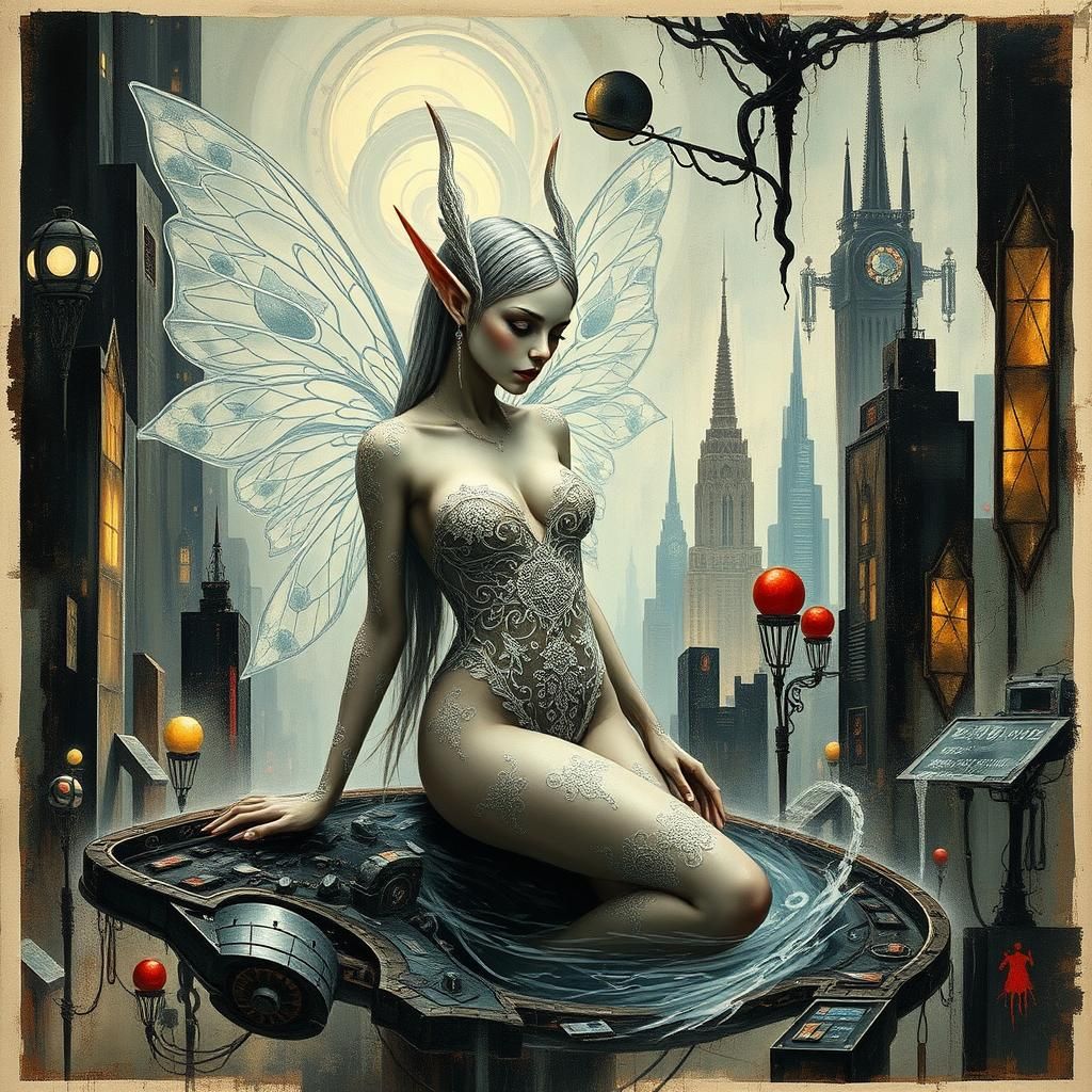 Ethereal Geisha Elf in Dystopian Cityscape