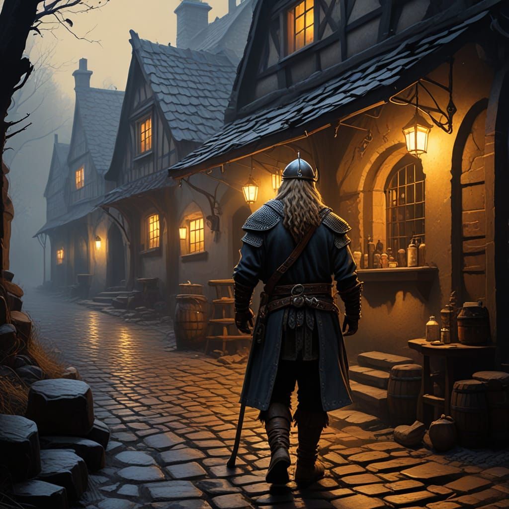 Viking Explorer in Misty Alleyway, Medieval Tavern Scene