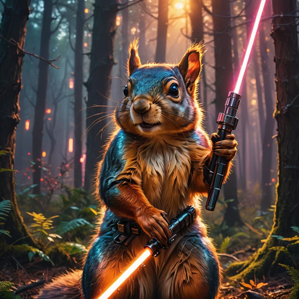 Squirrel with Lightsaber in Neon Forest: Concept Art