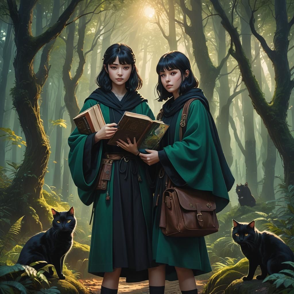 Girl in Forest with Black Cat: Digital Matte Painting