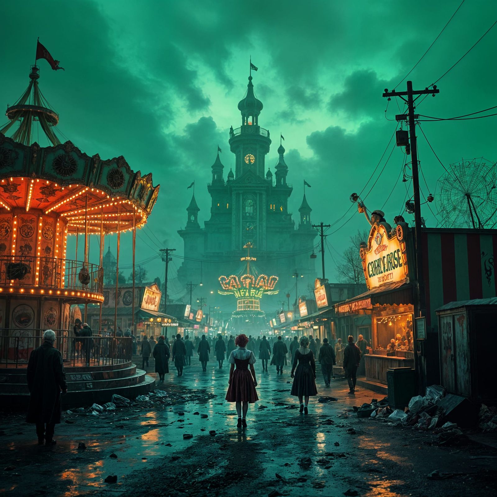 Creepy Carnival Under Moody Green Sky