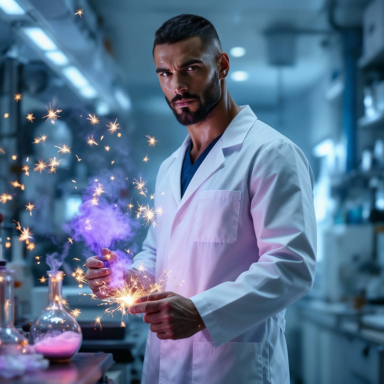 Handsome Man in Biopunk Lab with Magic Flask