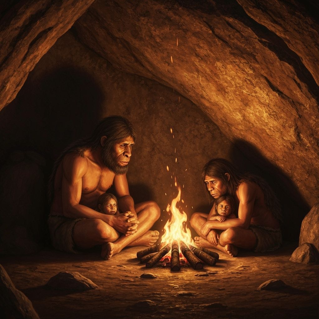Neanderthal Family Resting in Cave by Firelight