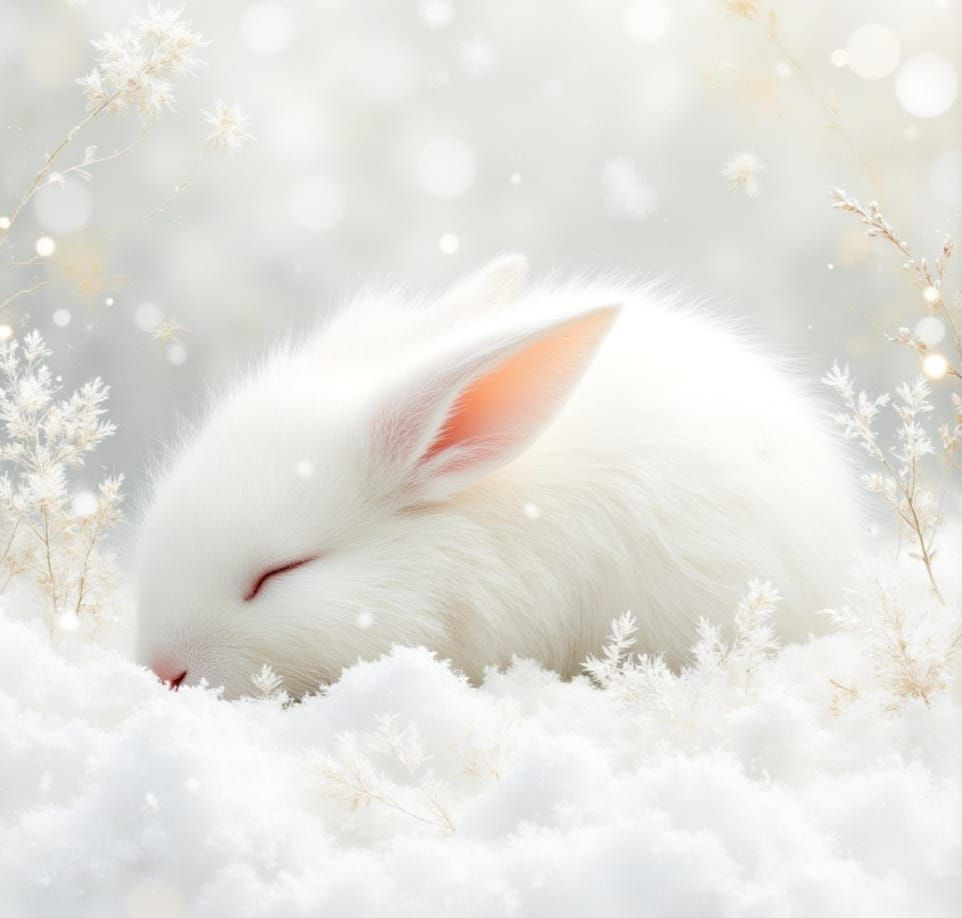 Dreamy Snow Bunny in Impasto Winter Scene