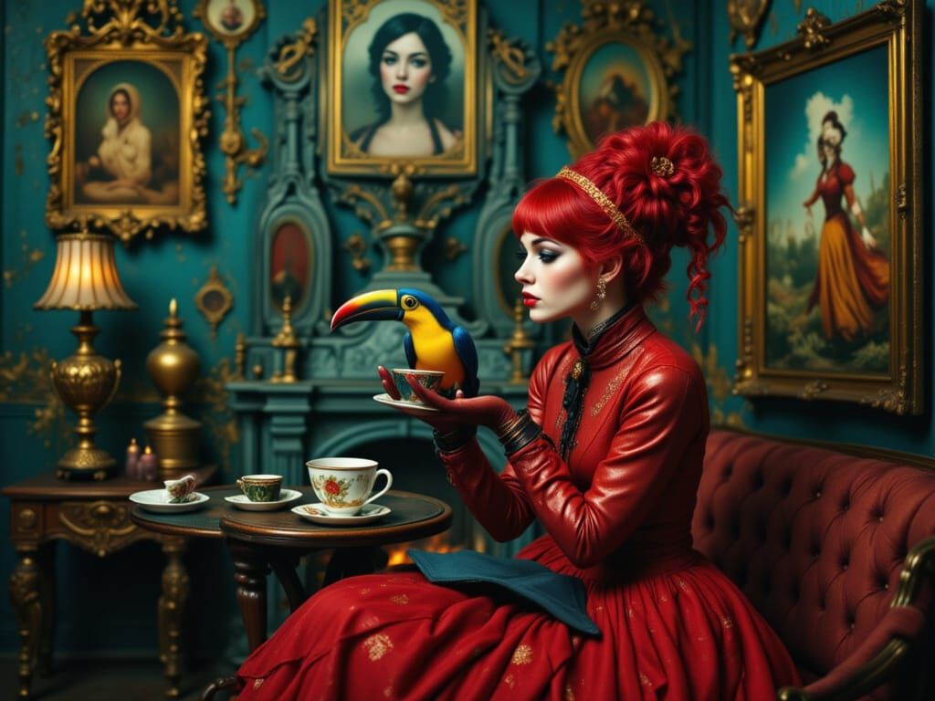 Red Baroness and Toucan Tea Party in Bauhaus Style
