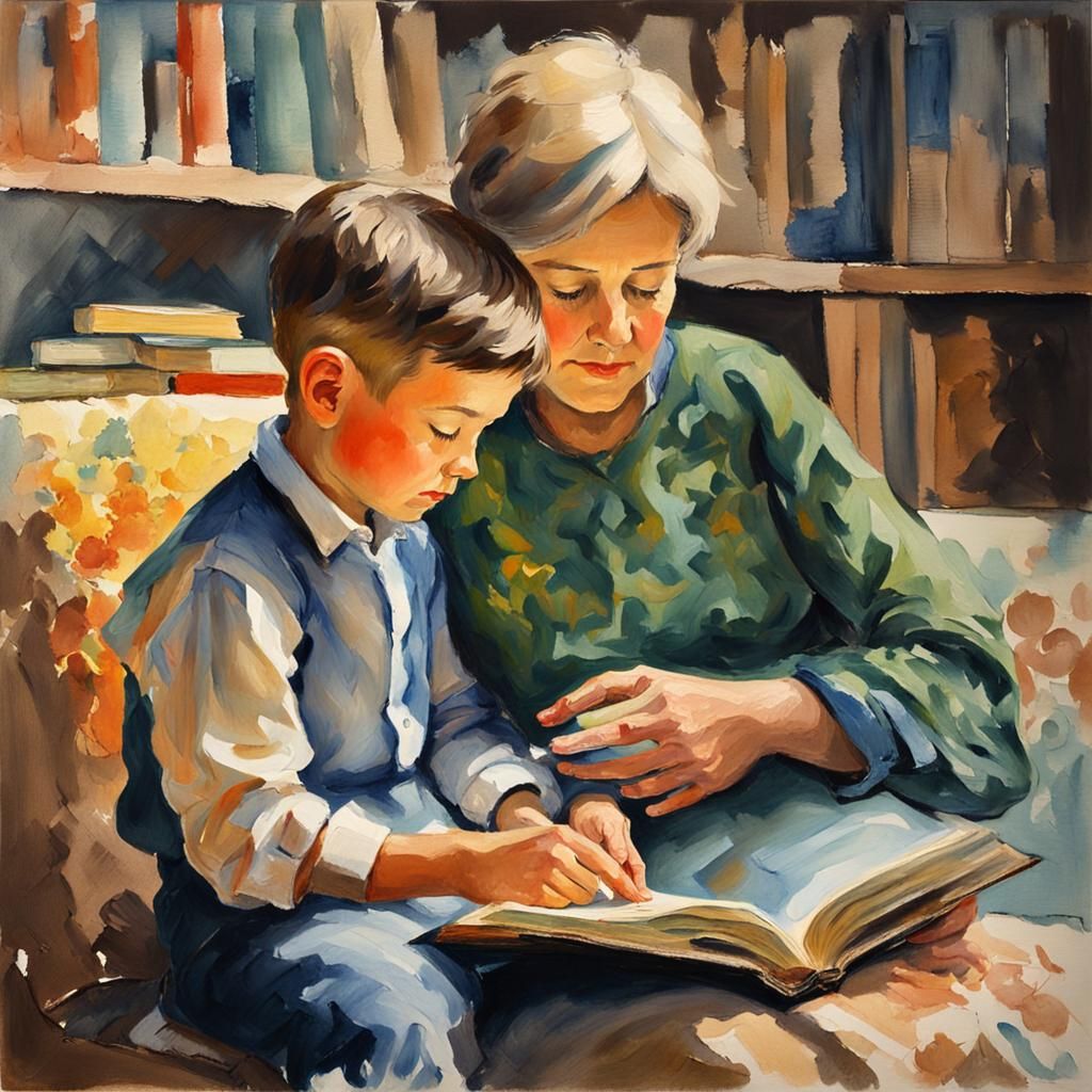 Mother and Son Reading in Gouache Watercolor Style