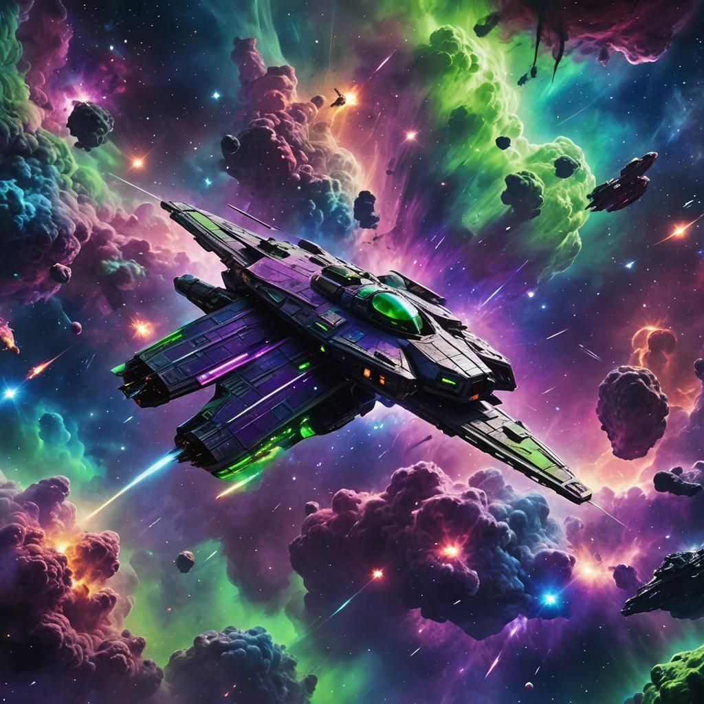 Spaceship Navigates Nebula: Cinematic Digital Oil Painting