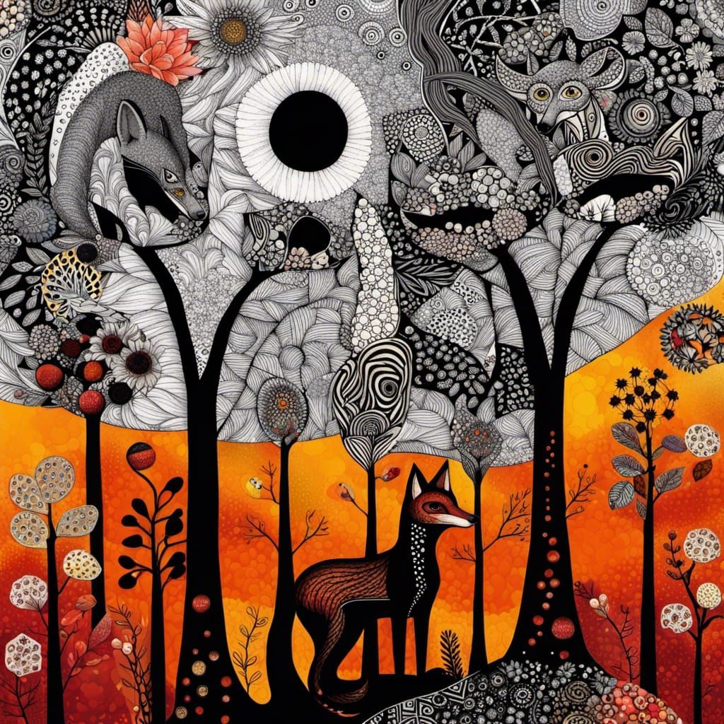 Foxes in Zentangle with Flowers and Trees