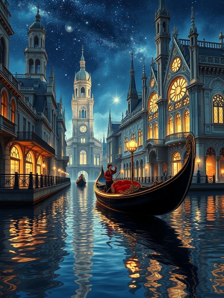 Baroque Gondola in Crystalline City Under Starlight