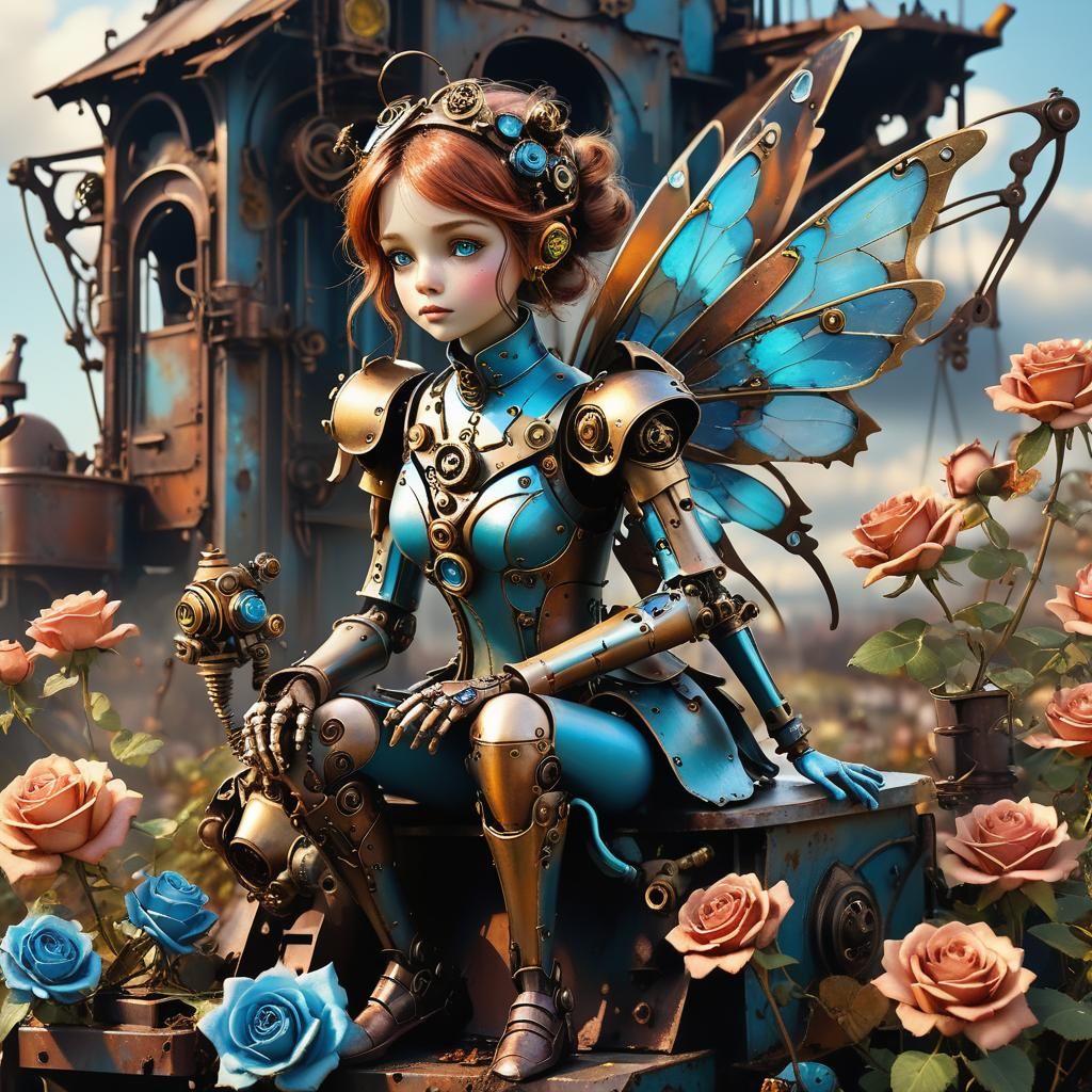 Steampunk Fairy on Rusted Roses in Oil Paint