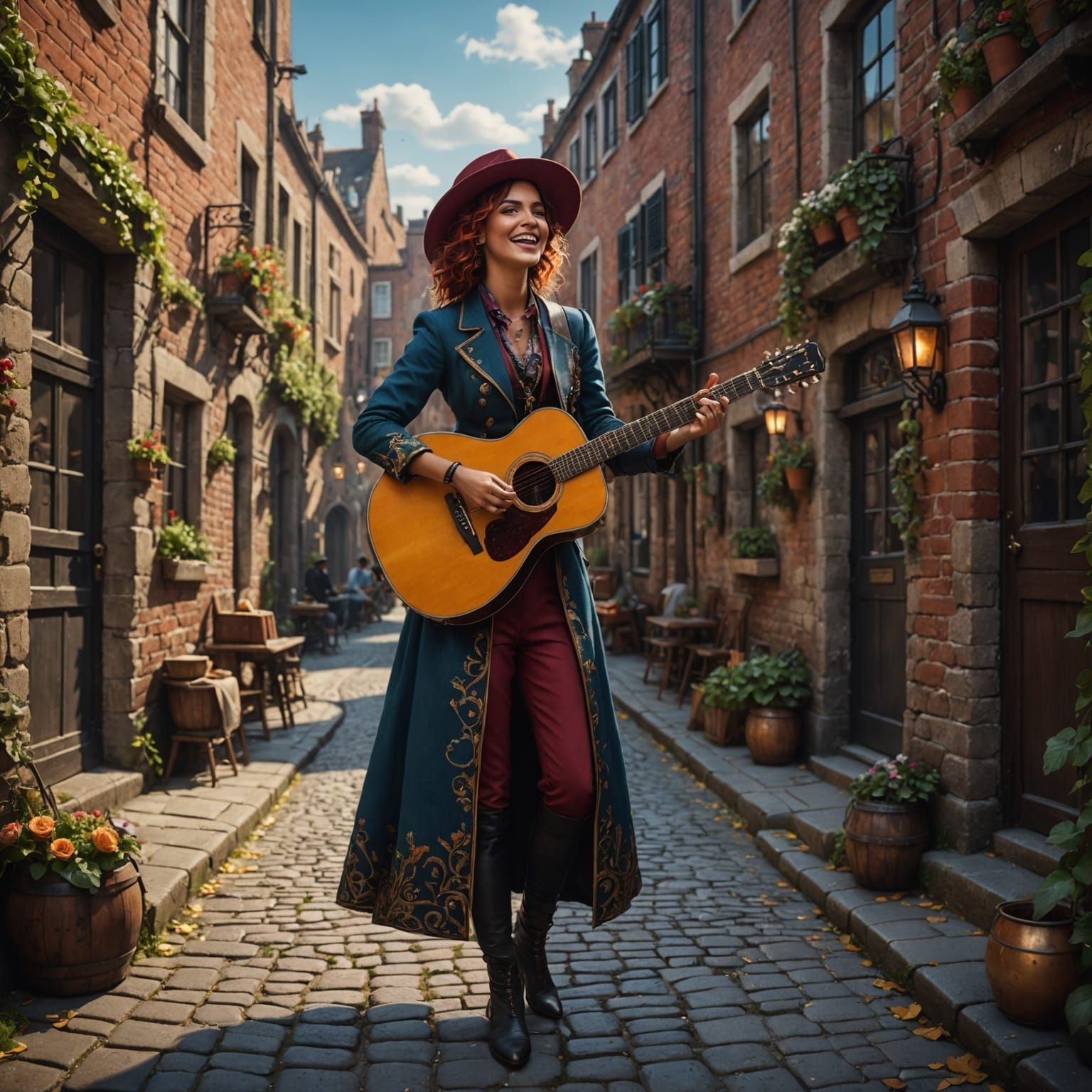 Vibrant Singer and Friends on Cobbled Street