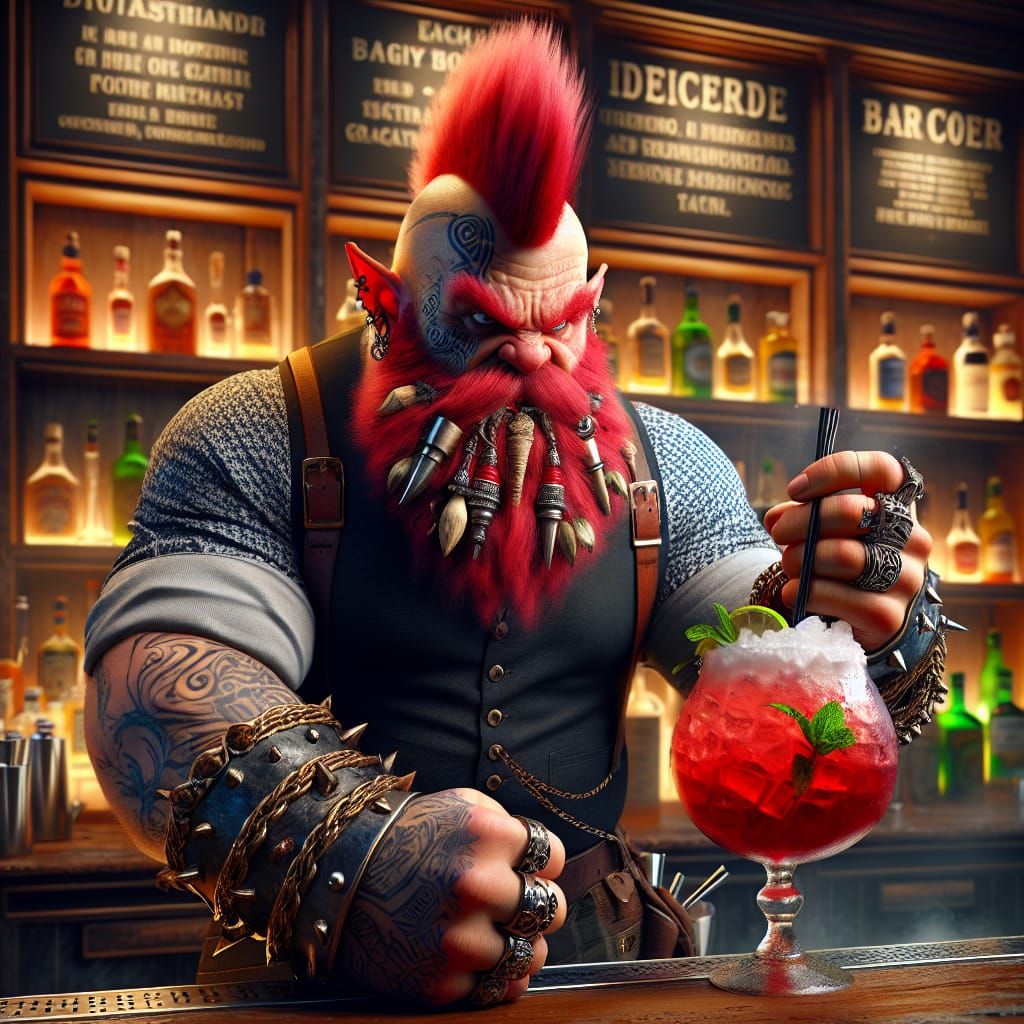 Fantasy Dwarf Bartender with Red Mohawk