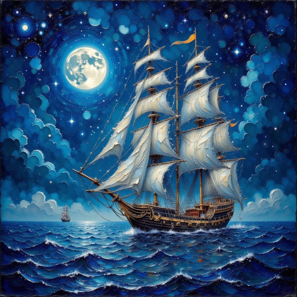 Midnight Sky Ships in Alcohol Ink and Oil Paint