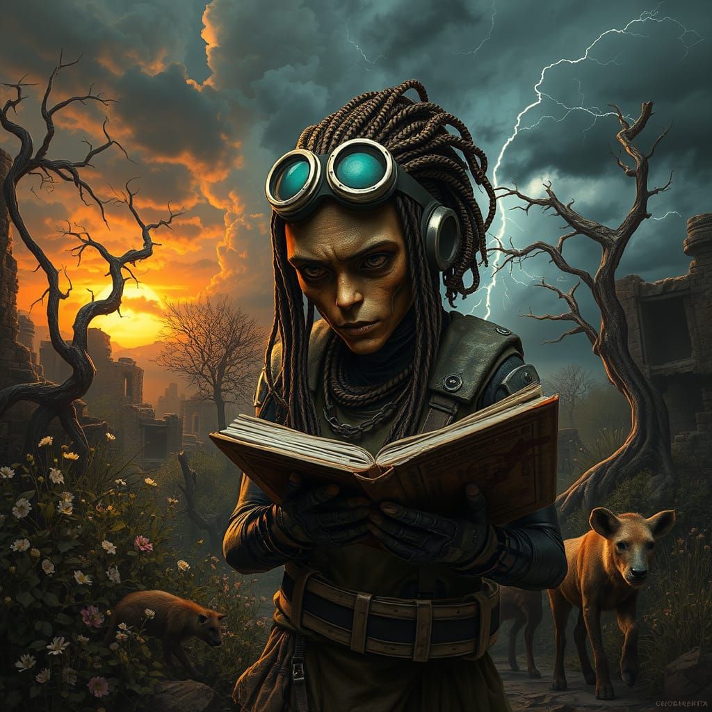 Android Amidst Dystopian Ruins, Surrounded by Vines and Wild...