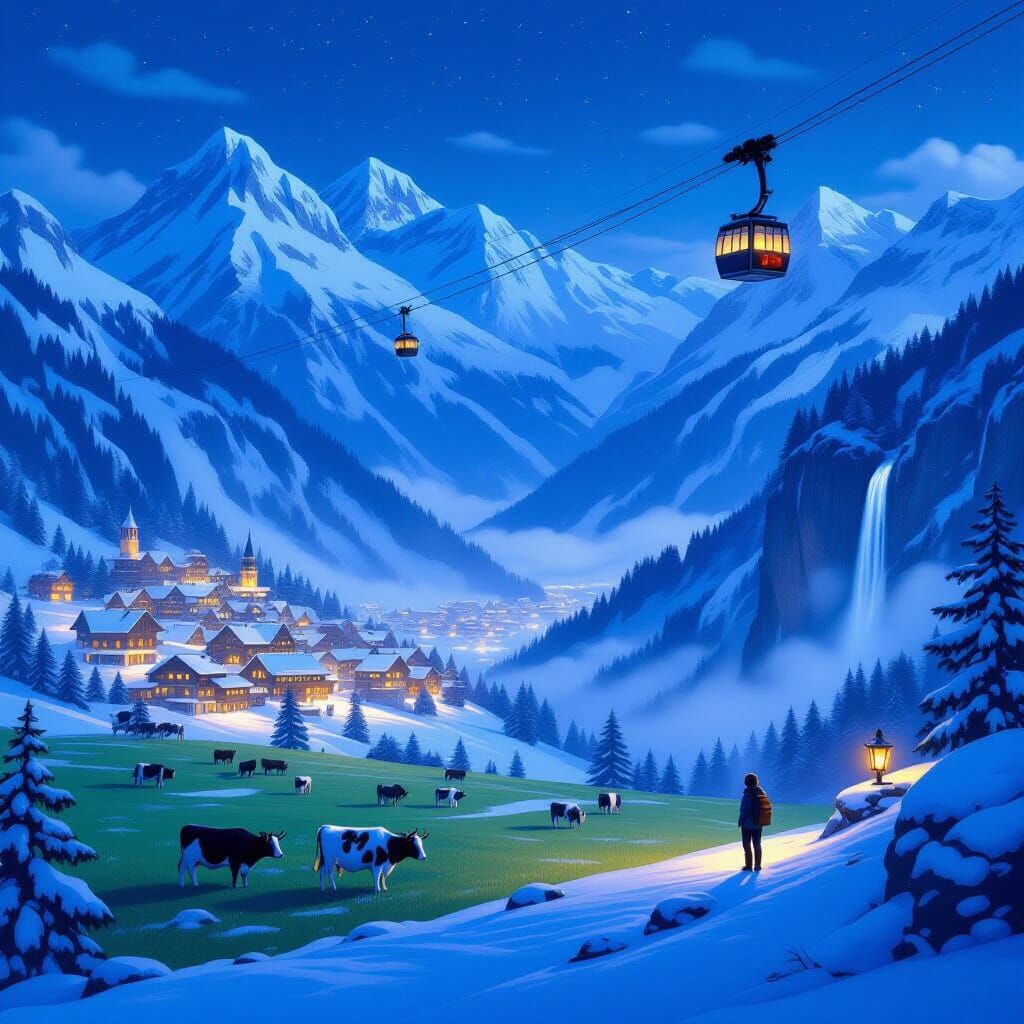 Cozy Alpine Village & Hiker Amidst Majestic Mountains
