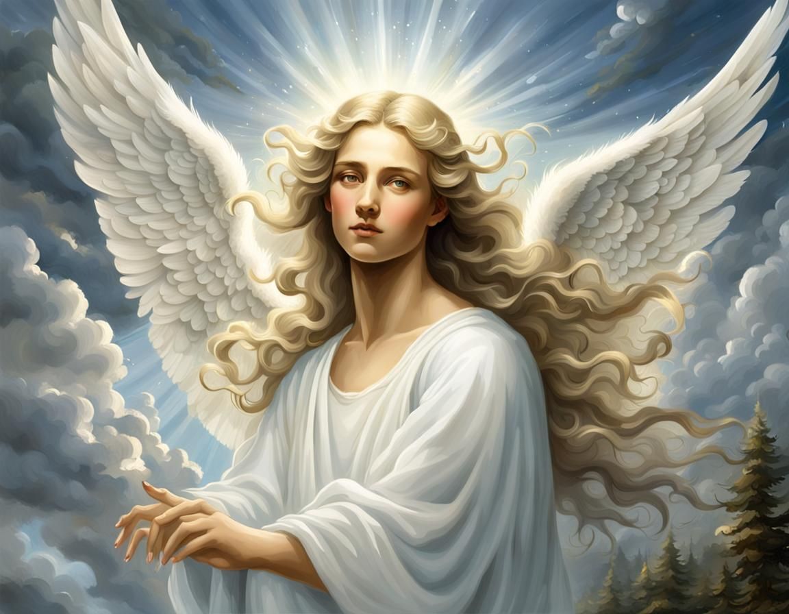 Generate an image of an angel based on the biblical descript...