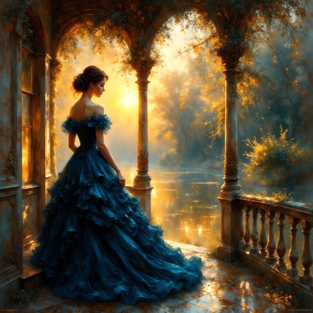 Victorian Woman at Sunset on Pond Porch