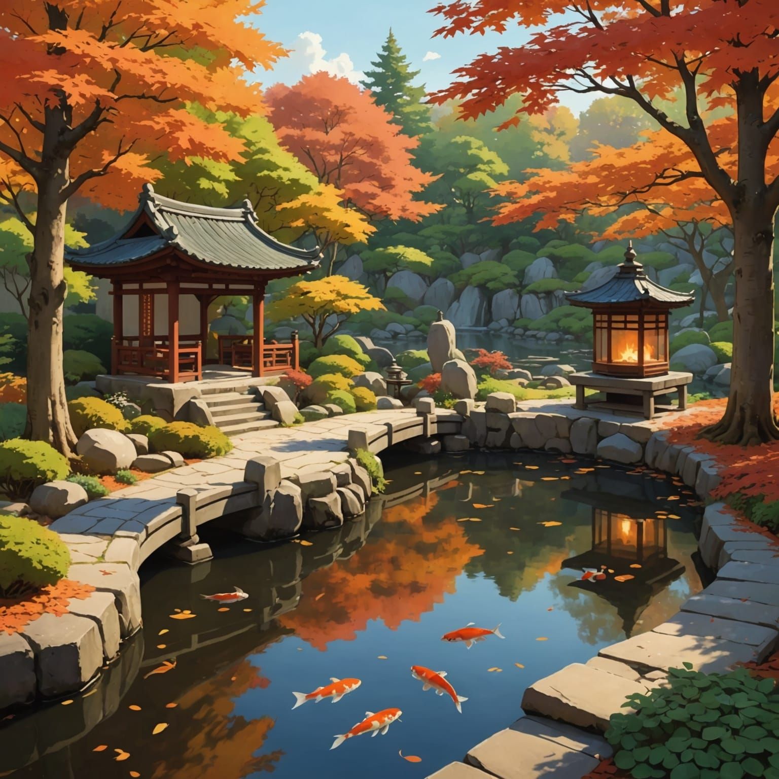 Ghibli-Style Zen Garden with Autumn Maple Trees