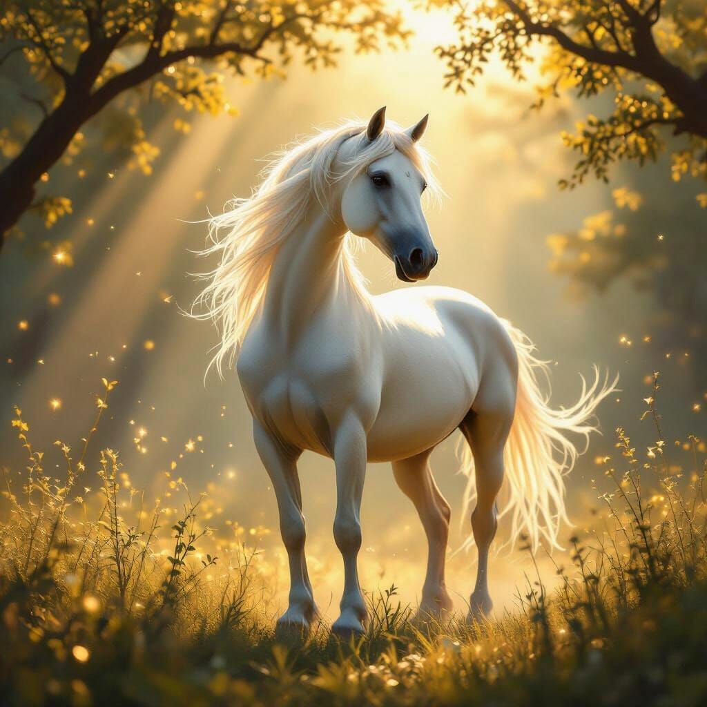 Majestic White Horse in Sunlit Glade, Hyperrealistic Digital...