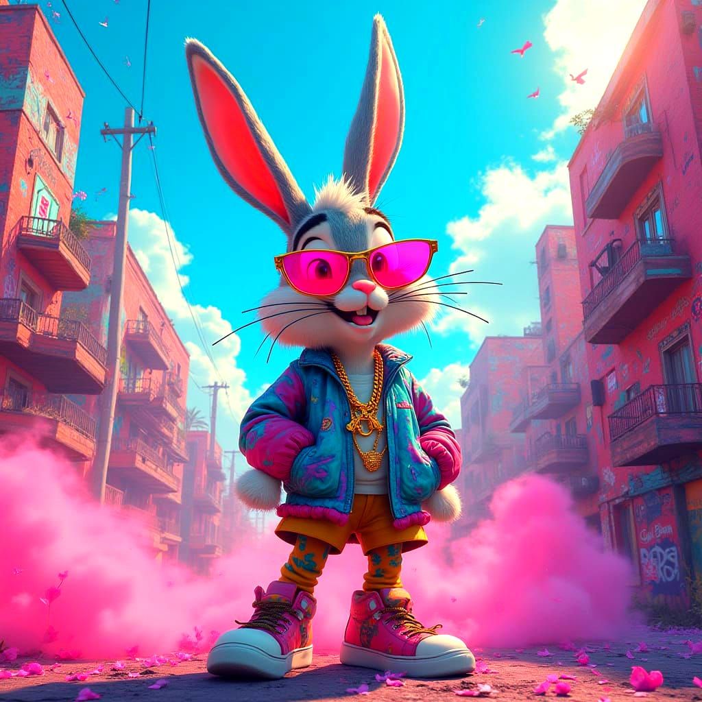 Bugs Bunny Hip-hop Star in Vibrant Fantasy Landscapes