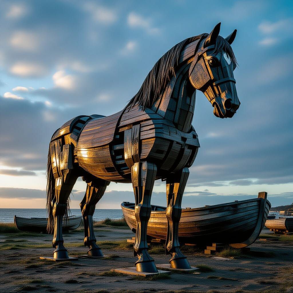 Trojan Horse Sculpture Crafted from Weathered Boat Wood