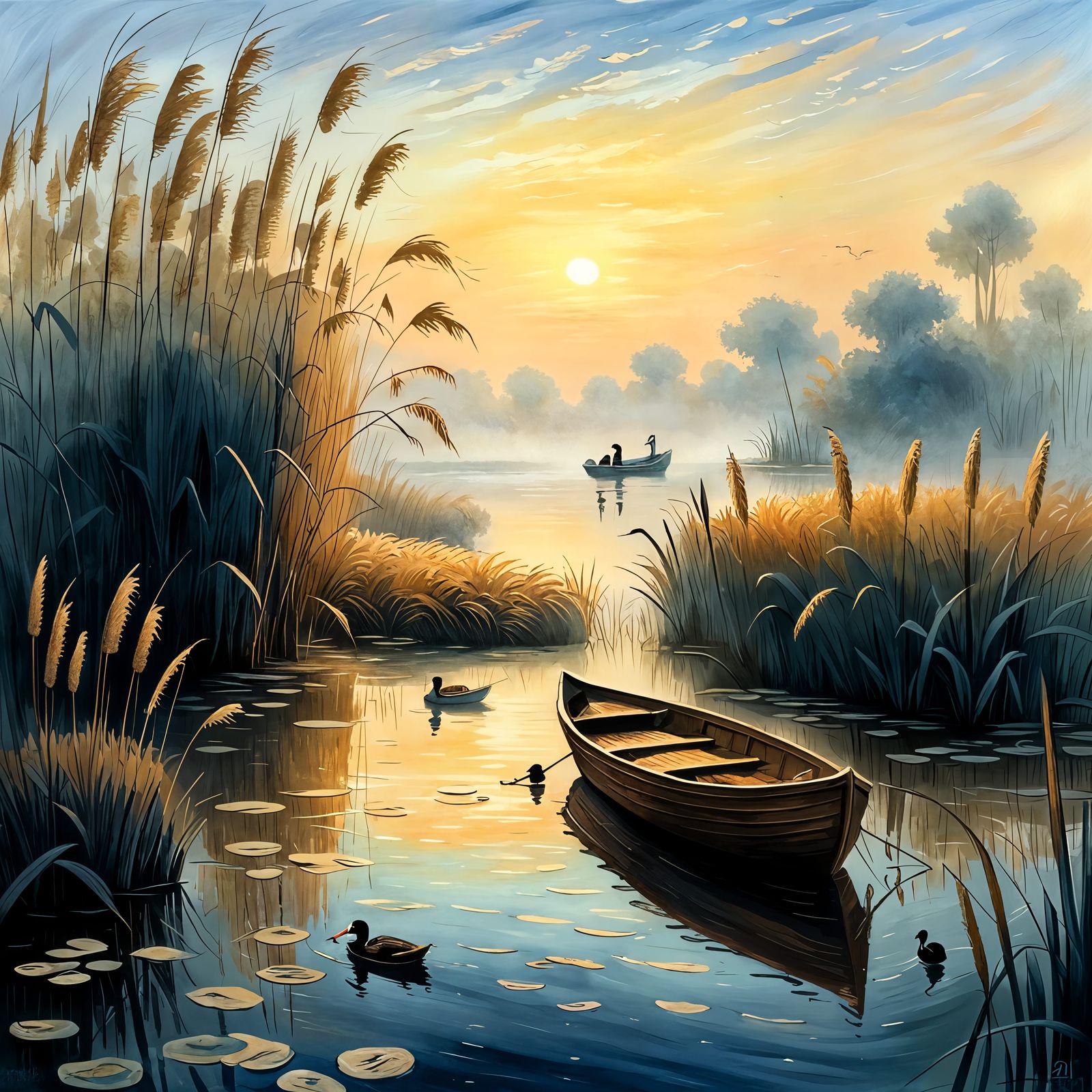 une barque sur un étang maraicageux  avec des roseaux et des canards warm colors volumetric lighting Gustave Doré