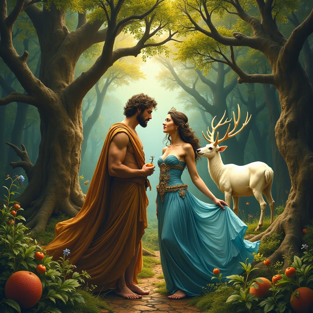 Adam and Eve in Mystical Garden, Romantic Realism