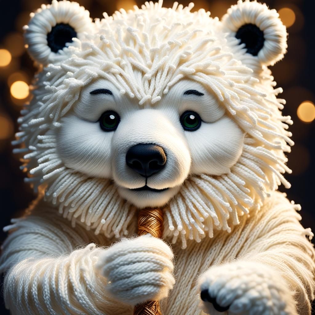 Commanding Snow Bear with Baton in Knitted Art