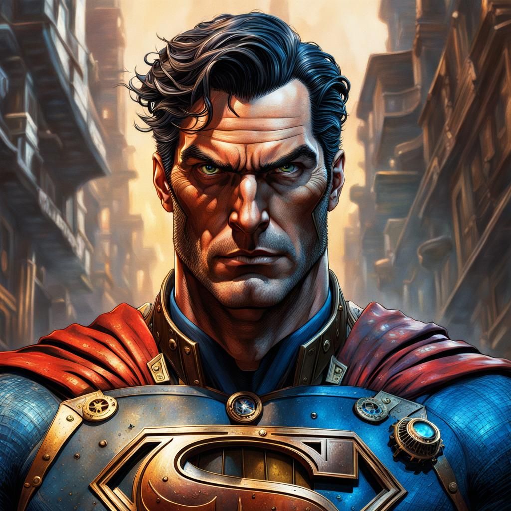 Steampunk Superman Concept Art in Hyperrealistic Style