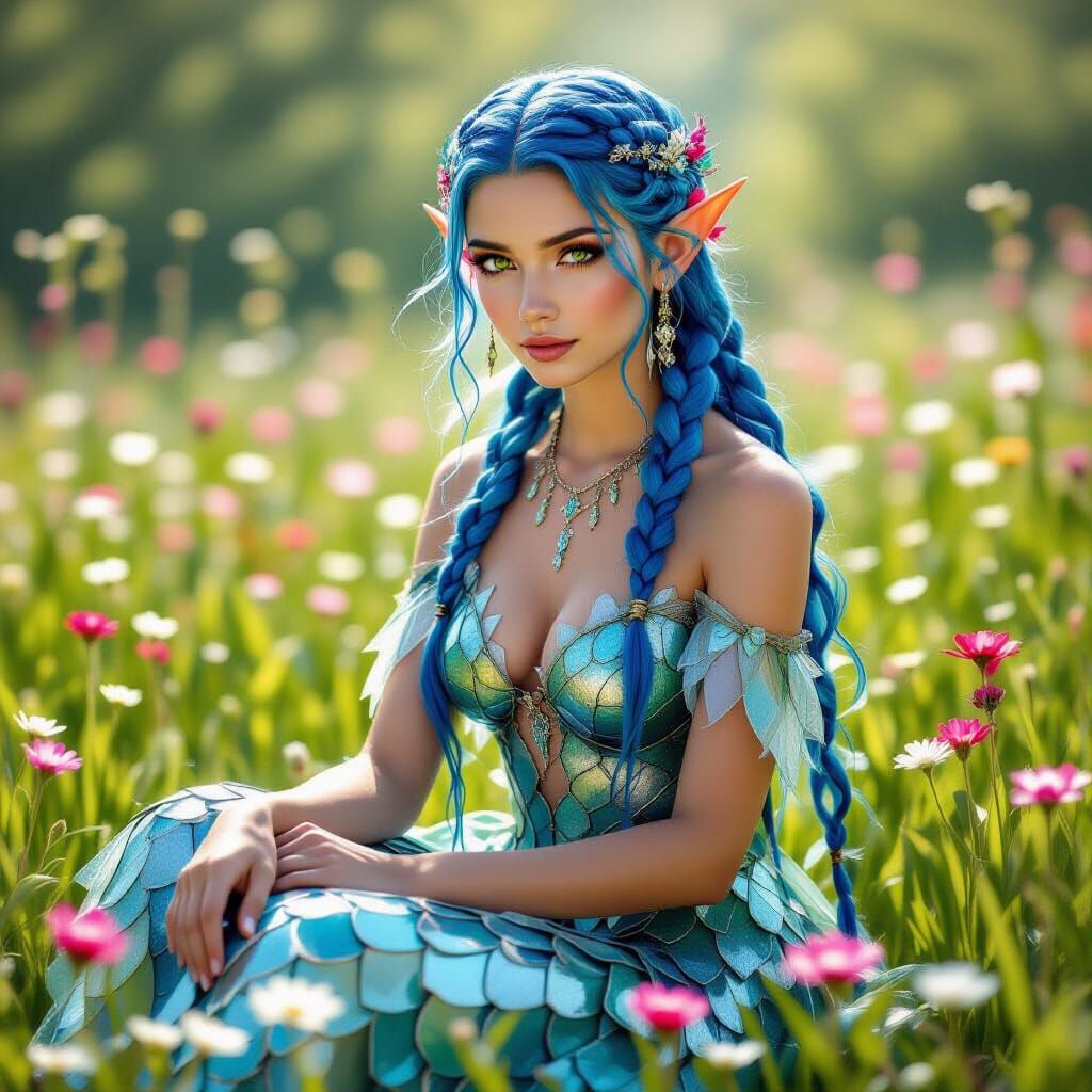 Mystical Elf Princess with Blue Braided Hair in Meadow