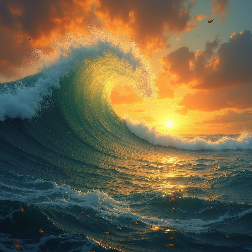 Sweeping Oceanic Wave Unfolds at Sunset, Translucent and Eth...
