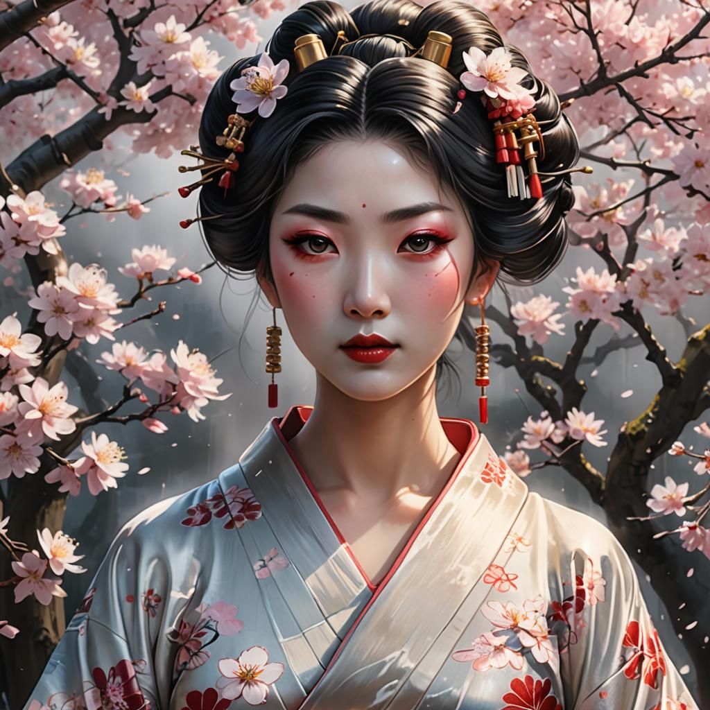Geisha in Foreseen Falls: Anime Portrait with Cherry Blossom...