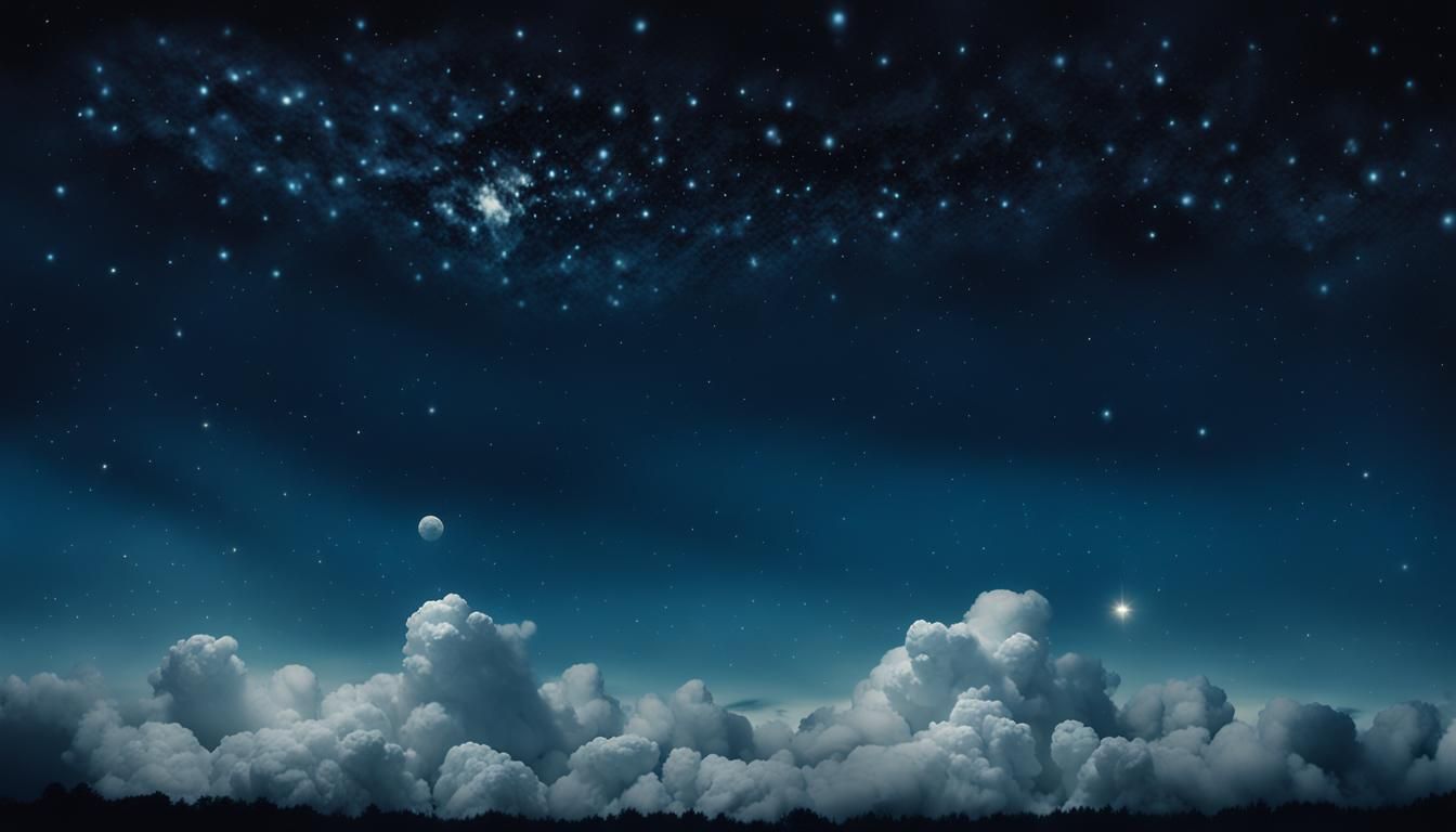 Twinkling Stars and Fluffy Clouds in Dreamy Night Sky