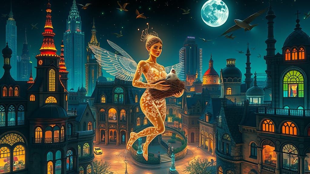 Surreal Cityscape with Bioluminescent Patterns, Gaudí Archit...