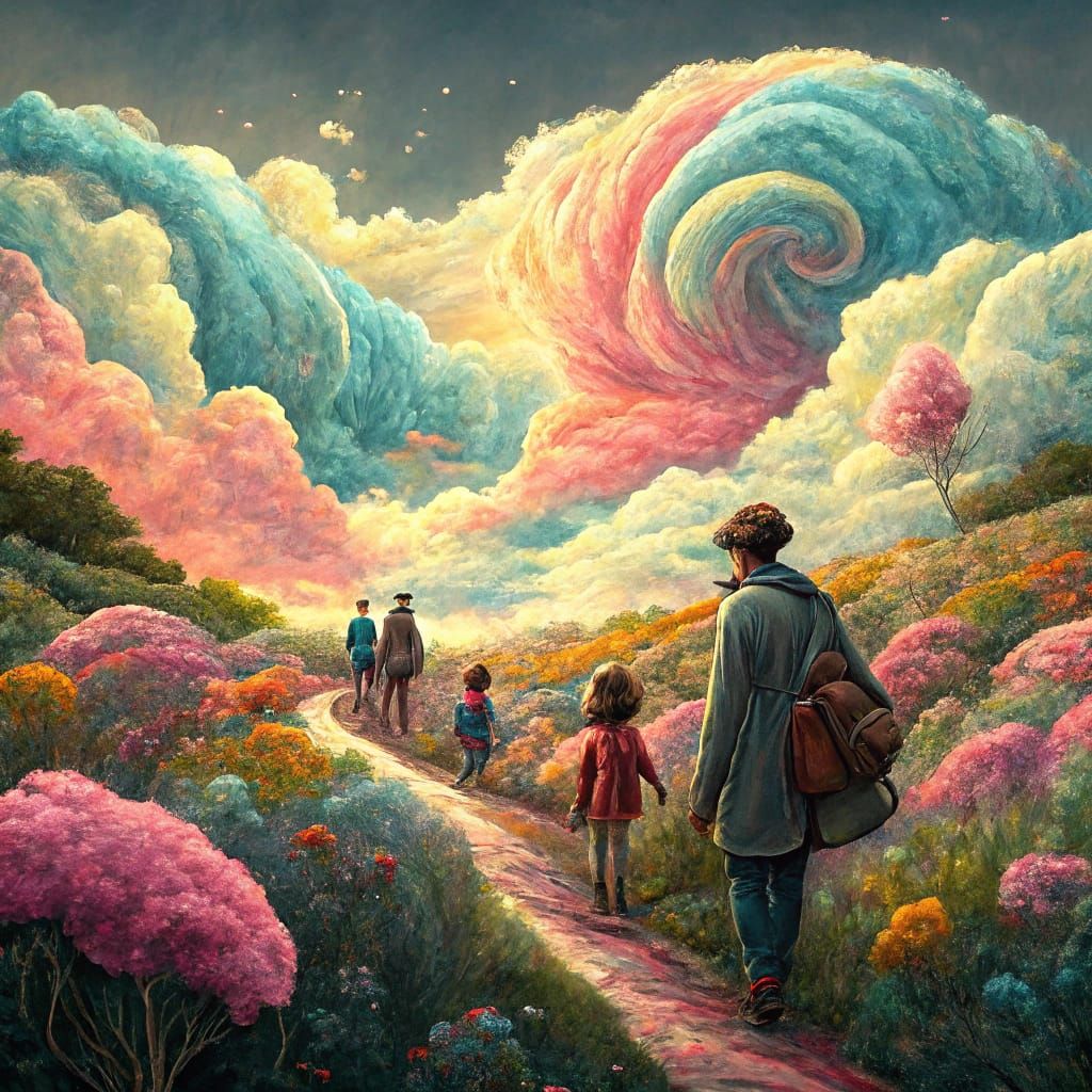 Surreal Dreamscape with Flying People in Splash Art Style